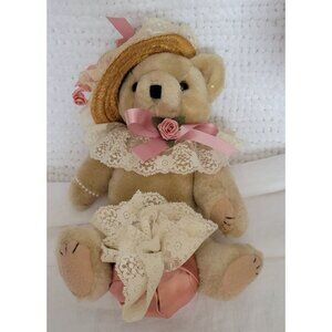 Vintage Bearly People Teddy Bear Plush straw hat pink sachet Lace Roses 8" EUC